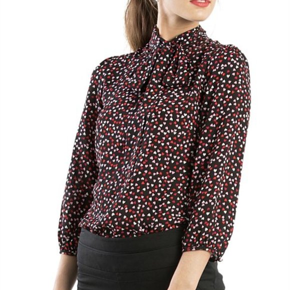 REVIEW Scattered Hearts Black Red Pink Love Heart Long Sleeve Office Blouse Top - Picture 2 of 8